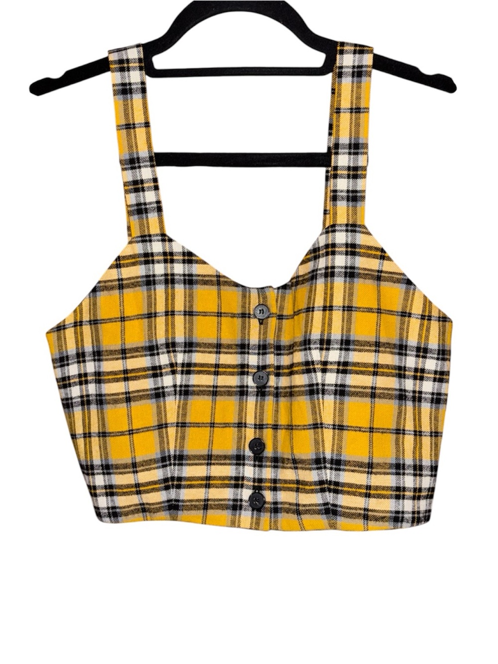 Maje Yellow Black White Plaid Button-Front Crop Top
